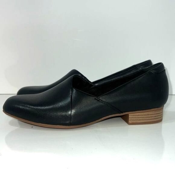 Clarks Womens Juliet Palm Black Leather Loafers Size 9.5M Ultimate Comfort Slip- - Picture 1 of 9
